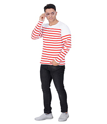 Men's Premium Red Striped Regular Fit Full Sleeve Cotton T-Shirt